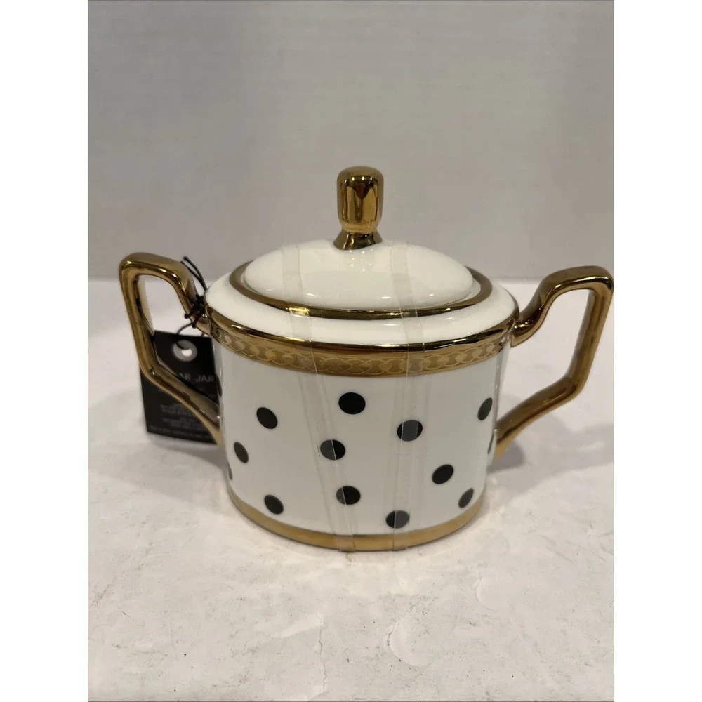 Almeria Collection White Black Polka Dot Sugar‎ Jar Gold Accents Lid New